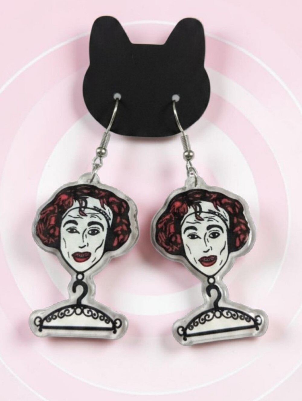 Joan Crawford No Wire Hangers Charm Drop Resin Earrings in White and Red NWT
